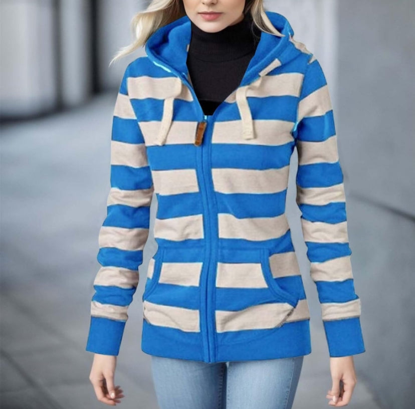 Hooded Long Sleeve Striped Women’s Sweater Jacket