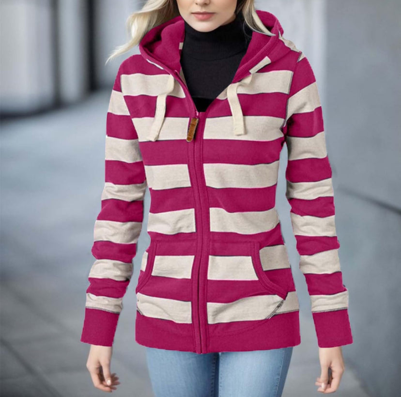 Hooded Long Sleeve Striped Women’s Sweater Jacket