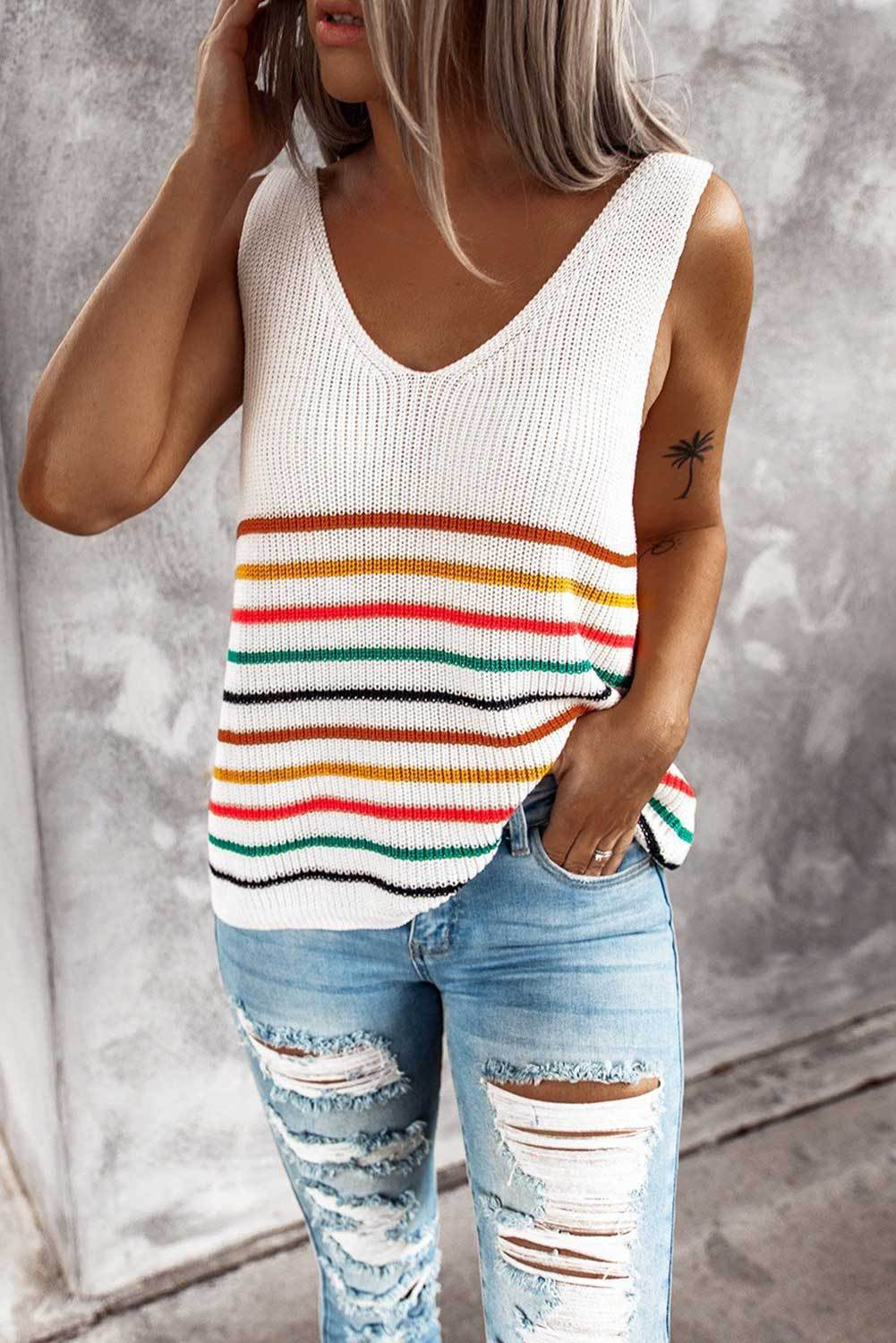 Sleeveless Summer Colorful Striped Blouse Shirt