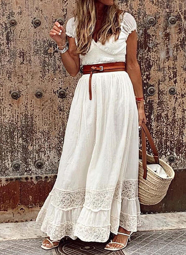 Boho Vintage Solid Hollow Out Lace Maxi Dress
