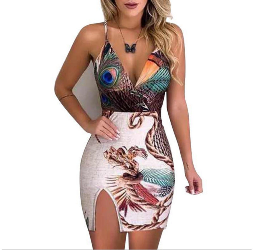 Peacock Feather Print Halter Dress
