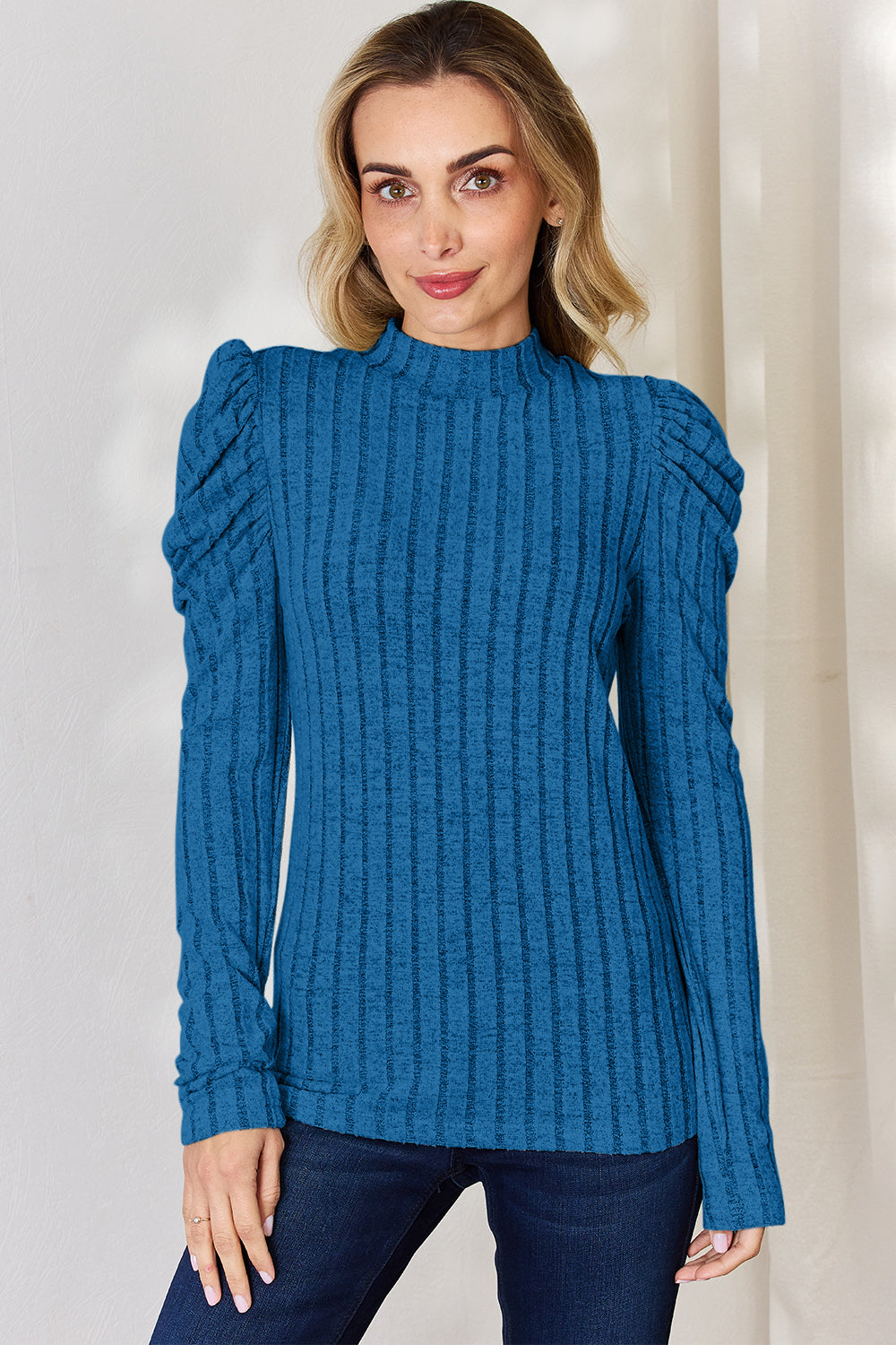 Ribbed Mock Neck Puff Sleeve Sweater