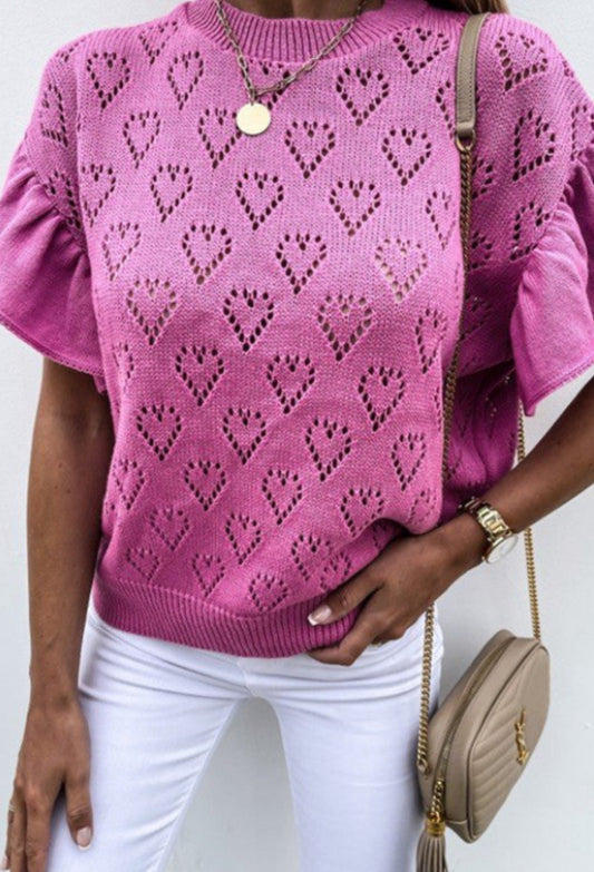 Solid Color Heart-Shaped Cutout Petal-Sleeved Knit Sweater Top