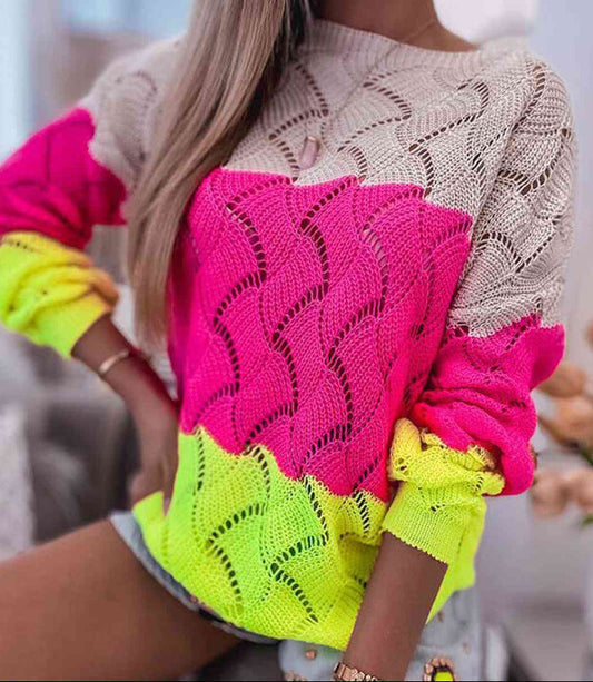 Openwork Color Block Pullover Sweater
