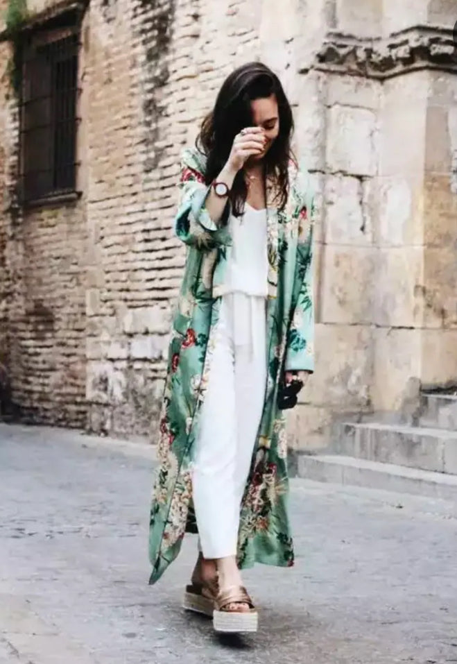 Long Vintage Floral Kimono Cardigan