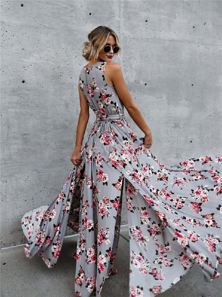 Maxi Sleeveless Grey Floral Women’s Dress