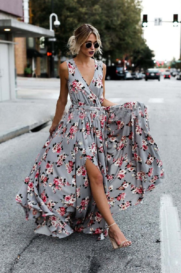 Maxi Sleeveless Grey Floral Women’s Dress