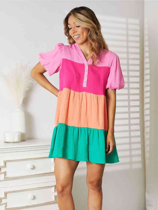 Color Block Puff Sleeve Dress