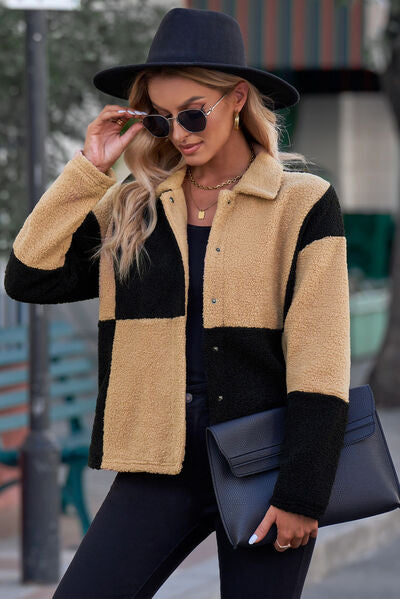 Color Block Snap Down Collared Neck Coat