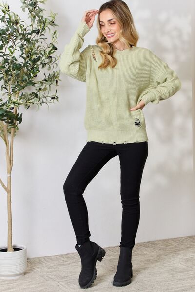 Distressed Round Neck Long Sleeve Sweater