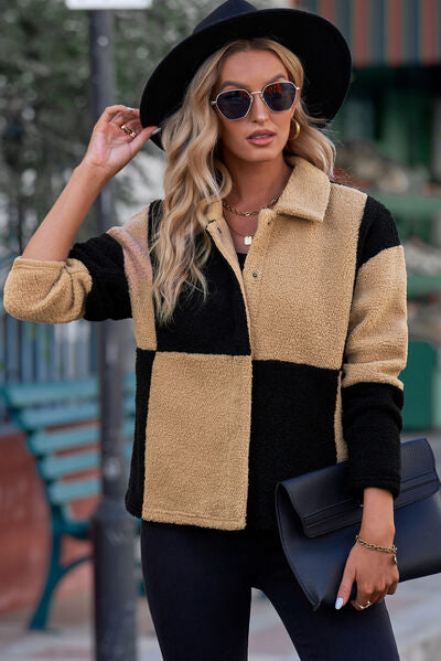 Color Block Snap Down Collared Neck Coat