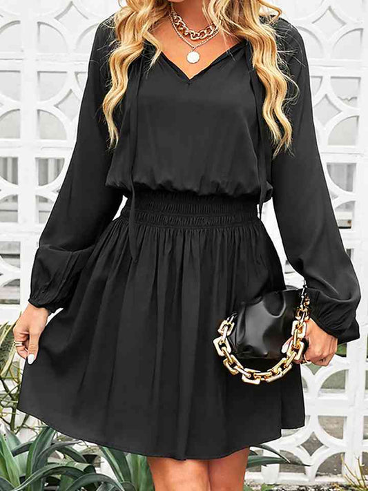 Ruched Tie Neck Balloon Sleeve Mini Dress