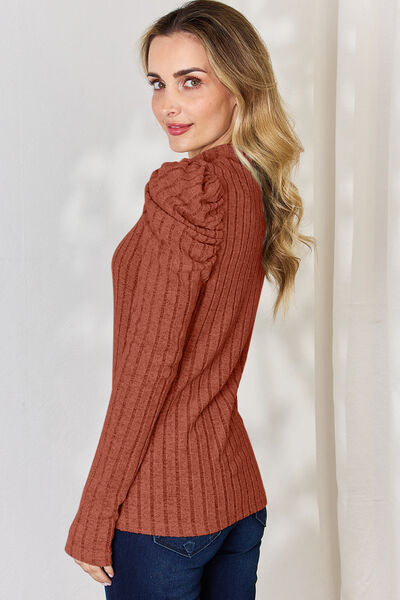 Ribbed Mock Neck Puff Sleeve Sweater
