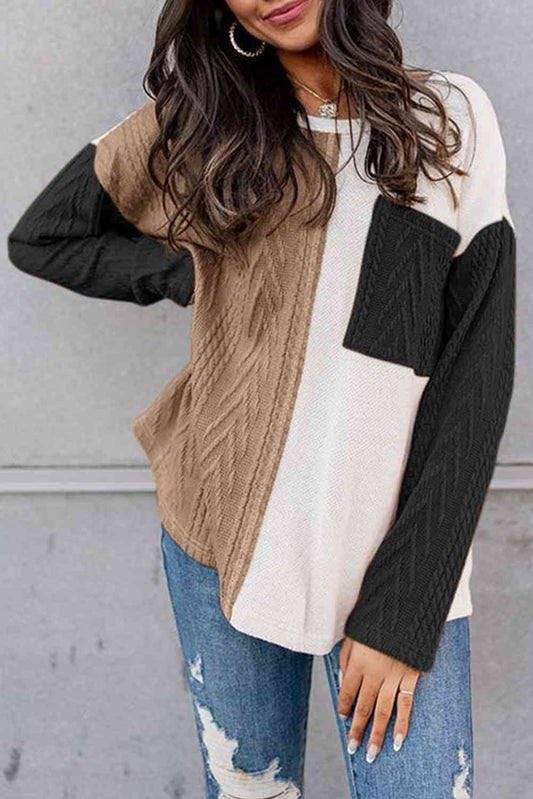 Full Size Color Block Cable-Knit Tops