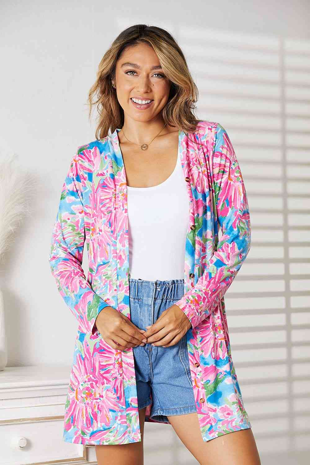 Floral Open Front Long Sleeve Cardigan