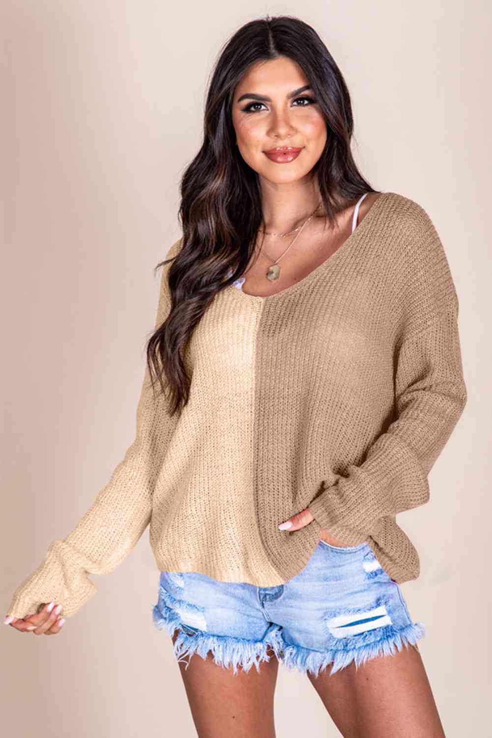 Contrast Color V-Neck Long Sleeve Pullover Sweater